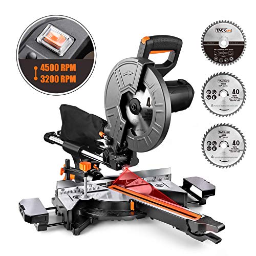 TACKLIFE Sierra Ingletadora 2000W, 3200 / 4500RMP Doble Velocidad, Sierra Telescópica Versatil con Guía Láser, 3 Cuchillas, Corte en Bisel, Mesa de Extensión, Bolsa para Virutas - EMS01A TACKLIFE Sierra Ingletadora 2000W, 3200 / 4500RMP Doble Velocidad, Sierra Telescópica Versatil con Guía Láser, 3 Cuchillas, Corte en Bisel, Mesa de Extensión, Bolsa para Virutas - EMS01A
