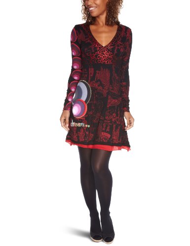 Desigual - Vestido con Cuello de Pico de Manga Larga para Mujer, Talla 40, Color Rojo 3001