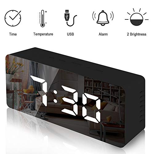 Lambony Reloj Despertador con Espejo Digital con Pantalla LED de Temperatura, Tiempo de repetición, Brillo Ajustable, USB y Funciona con Pilas para Dormitorio, Oficina, Negro, 14,6 x 8,4 x 4,2 cm