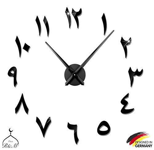 R & M Orient 3D Reloj de pared árabe Gran silencio moderno DIY - Regalo de decoración del hogar - Sala de estar Oficina en el hogar - 2 años de garantía (Negro)