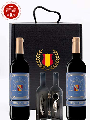 Caja Regalo Vino Tinto - Pack de 2 Botellas Ribera del Duero D.Origen Cune + Kit Accesorios con Abrecorchos Aireador y Anillo Antigoteo con estuche – Tematica España - Ideal para regalar.