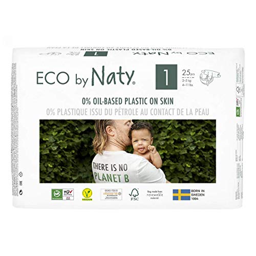 Eco by Naty Pañales, Talla/Tamaño 1, 100 unidades, 2-5 kg, suministro para UN MES, Pañal ecológico Premium hecho a base de fibras vegetales 0% plásticos derivados del petróleo en contacto con la piel