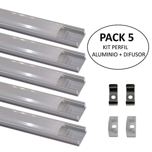 (LA) 5x Perfil de Aluminio 1m para Tira de LED con Cubierta Blanca Lechosa. Los tapones de los extremos y los clips de montaje de metal están incluidos en el Pack. (PACK X5)