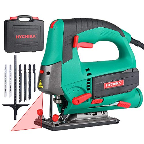 HYCHIKA Sierra de Calar 800W, Corte en Madera: 110mm, 800W 800-3000SPM, Velocidad Ajustable (1-6), 4 Modos de Corte, Corte -45º a 45º, Caja Magnética de Hoja, Cortar Madera Metal Plástico