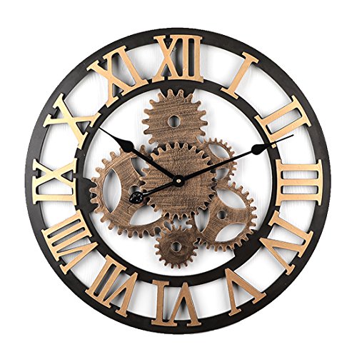 MAJOZ 58cm Reloj de Pared Vintage Reloj de Pared Silencioso Cocina Decorativo Antiguo Hecho a Mano de Madera Vintage 3D Diseño de Gear (Dorado -6 Engranajes)