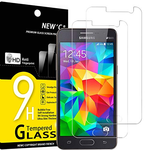 NEW'C 2 Unidades, Protector de Pantalla para Samsung Galaxy Grand Prime, Antiarañazos, Antihuellas, Sin Burbujas, Dureza 9H, 0.33 mm Ultra Transparente, Vidrio Templado Ultra Resistente