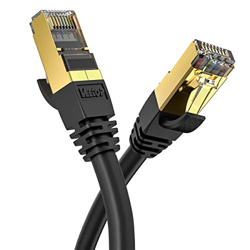 Veetop Cable Ethernet 12m Cat 8 de Red Negro con Conectores rj45 Oro para 40 Gigabit Internet LAN Plano