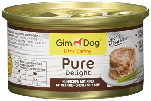 GimDog Pure Delight, pollo con vacuno – Snack rico en proteínas en deliciosa gelatina – Especial para perros de hasta 10 kg – Sin azúcar añadido – 12 latas (12 x 85 g)