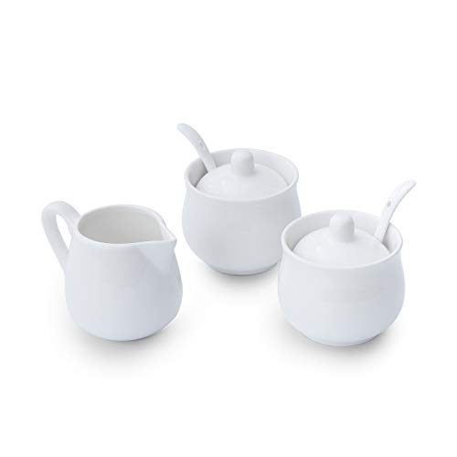Juego de crema y azúcar de cerámica blanca de 8 onzas, 2 cuencos de azúcar con tapa y cuchara, 1 jarra de crema para café y té juego de 3