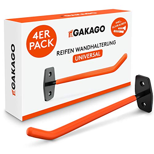 Gakago Soporte de pared para neumáticos - 4 piezas de soporte para llantas, juego de pared con tornillos y tacos con instrucciones de montaje - soporte de pared para neumáticos extra largos