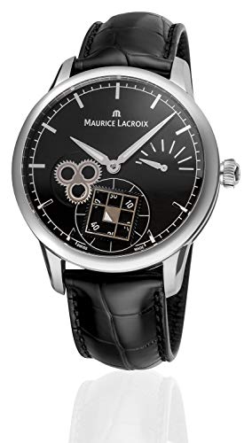 Maurice Lacroix Masterpiece Reloj clásico para hombre, esfera negra, mecanismo de reserva de energía, fabricado en Suiza, MP7158-SS001-301