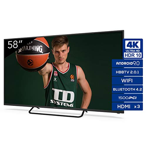 Televisiones Smart TV 58 Pulgadas 4K Android 9.0 y HBBTV, 1500 PCI Hz UHD HDR, 3X HDMI, 2X USB. DVB-T2/C/S2, Modo Hotel - Televisores TD Systems K58DLX11US