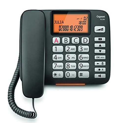 Gigaset DL580. Teléfono fijo con cable, Manos Libres, Gran pantalla de alta visibilidad, Compatible con audifonos, Color Negro Gigaset DL580. Teléfono fijo con cable, Manos Libres, Gran pantalla de alta visibilidad, Compatible con audifonos, Color Negro