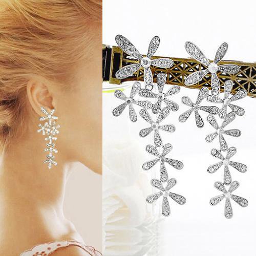 Gleader a largo lindo Crystal Rhinestone de la flor de la borla cuelga el banquete de boda de los pendientes nuevos - Plata Gleader a largo lindo Crystal Rhinestone de la flor de la borla cuelga el banquete de boda de los pendientes nuevos - Plata