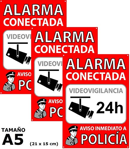Pack de 3 Carteles Alarma Conectada | Placas Disuasorias A5 Interior/exterior Pvc Flexibles | Lote de 3 Carteles Aviso a la Policía | Zona Vigilada