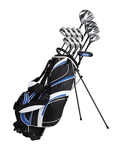 Paquete de Complete Golf Club de Hombres de 18 Piezas con Titanio Conductor Fairway Woods, 3 y # 5, 4 híbrido, 5-SW Hierro, Putter, Bolsa de Soporte, 4 h/C de – Elegir Color y tamaño, Azul