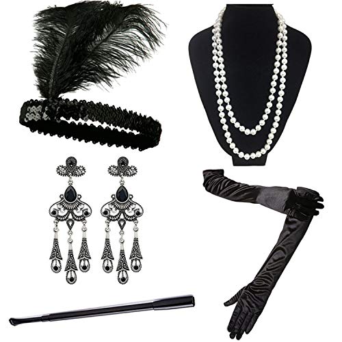 iLoveCos Disfraces de Roaring 20s 1920's Accesorios para Disfraz de charlestón (Venda para el Pelo, Collar de Perlas, Canastilla de cigarro,Guantes), Color Negro (C)