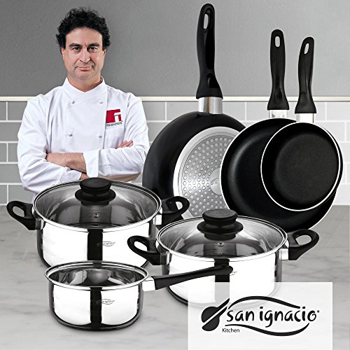 San Ignacio PK329 Set Juego de Tres sartenes + Batería de Cocina 5 Piezas, Cromado San Ignacio PK329 Set Juego de Tres sartenes + Batería de Cocina 5 Piezas, Cromado
