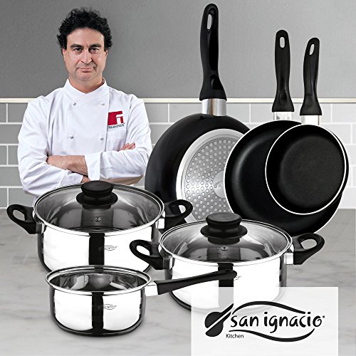 San Ignacio PK329 Set Juego de Tres sartenes + Batería de Cocina 5 Piezas, Cromado