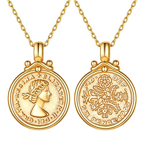 Silvora Collar Plata Mujer con Oro baño Moneda 6 Penique Reina Elizabeth Colgante Collar de Plata de Ley 925, Gratis Caja de Regalo