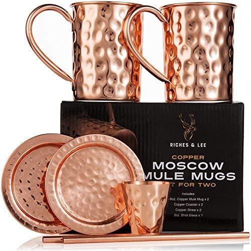 Tazas de Cobre de Moscow Mule Juego de Cuatro Incluye 2 x Tazas de 16 Onzas 2 x Posavasos 2 x Sorbetes 1 x Vaso/Copa de Shot en Caja de Regalo