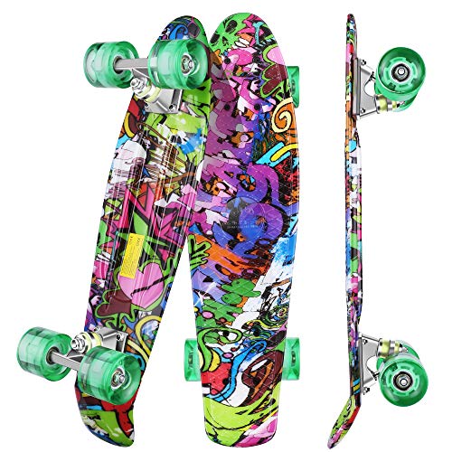 WeSkate Mini Cruiser Skateboard tabla completa retro tabla de skate vintage con borde de plástico Cruiser tabla con PU rueda flash rodamientos ABEC-7 para adultos niños niños niños niñas