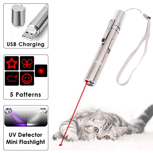 Juguetes para gatos Puntero LED, USB recargable 3 en 1 Función, Mini linterna + Luz roja + Luz ultravioleta, Interactivo Mascota Comando de luz, Herramienta de entrenamiento para Gato Perro Cazador