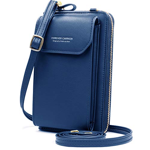 HNOOM Bolso Movil Mujer, Bolso Bandolera Móvil, Bolso Pequeño Bandolera para Damas Mujeres con Ranuras para Tarjeta de Correa (Azul)