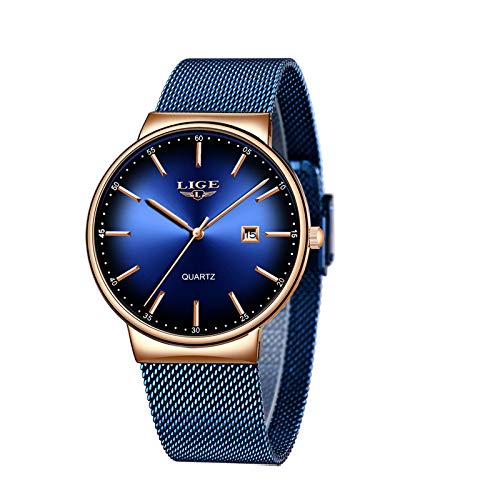 LIGE Relojes para Hombre Moda Reloj de Cuarzo analógico Simple Hombres Caballero Azul Ultra Delgado Reloj Impermeable Reloj Minimalista de Acero Inoxidable Dorado