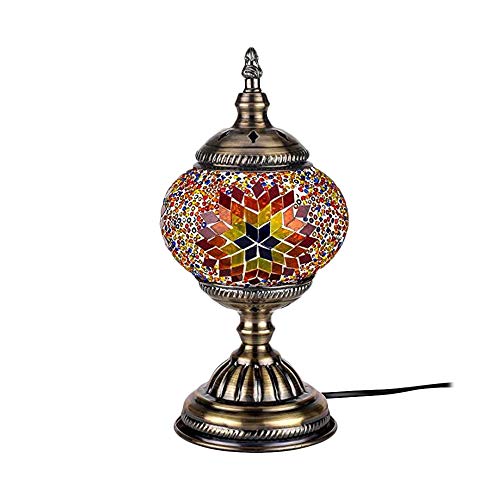 ZZM Lámpara de Mesa de Mosaico Turco, marroquí Artesanal, Escritorio de Vidrio Multicolor, cabecera Decorativa, luz de Noche con Base de Bronce