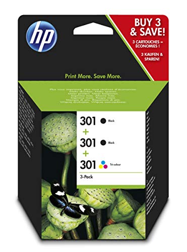 HP 301 E5Y87EE, Pack de 3, Cartuchos de Tinta Originales, 2 Negro + 1 Tricolor, Compatible con impresoras de inyección de tinta DeskJet 1050, 2540,3050;OfficeJet 2620, 4630;ENVY 4500, 5530