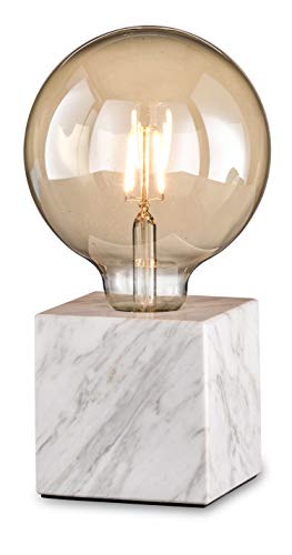 loxomo - lámpara de mesa cúbica de mármol, 9 x 9 x 9 cm, lámpara de mesa de mármol con casquillo E27, hasta máx. 60W, lámpara deco para bombillas industriales retro Edison, IP20, mármol blanco