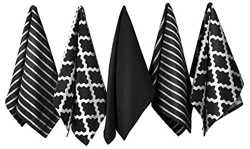 Penguin Home 3301 Juego de 5 Toallas de Té de Algodón 100% -Suave-Duradero-Diseño Elegante En Negro con Múltiples Patrones-Lavable A Máquina-65 X 45 Cm, Paquete De 5, 5 Pack