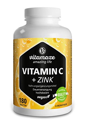 Vitamaze® Vitamina C 1000 mg + Zinc, 180 Comprimidos Vegana para 6 Meses, Reducen Fatiga y Fortalecen el Sistema Inmunológico, Natural Pura Suplemento sin Aditivos Innecesarios, Calidad Alemana Vitamaze® Vitamina C 1000 mg + Zinc, 180 Comprimidos Vegana para 6 Meses, Reducen Fatiga y Fortalecen el Sistema Inmunológico, Natural Pura Suplemento sin Aditivos Innecesarios, Calidad Alemana