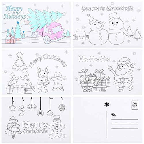30 Tarjetas de Felicitación Navideñas Postales de Navidad de Dibujos Animados para Colorear Postales Impresas Navideñas Lindas para Niños, Estudiantes, Maestros, Amigos, 5 Diseños, 4 x 6 Pulgadas