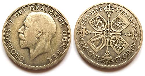 George V 1929 Dos chelines/florín 50% plata, algo desgastado, pero la mayoría de los detalles son claros – mira la imagen. Monedas para coleccionistas y la gran caza de monedas británicas.