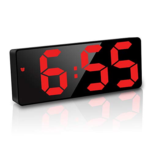JQGo Reloj Despertador Digital, Pantalla LED Espejo Grande, Alimentado por Batería, Alarma Activada por Sonido, con Pantalla de Fecha y Temperatura Función Despertado, Rojo