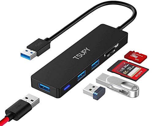 TSUPY HUB USB 3.0, Adaptador USB 3.0 con 3 Puertos USB 3.0 y Lector de Tarjetas SD/Micro SD,Transferencia de Datos 5Gbps para PC y Tabletas de Mac OS, Linux y Windows XP, Vista, 7, 8, 10 y etc.