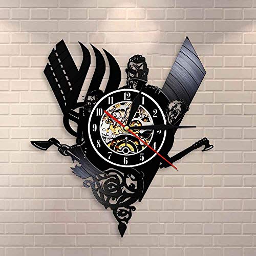BFMBCHDJ Reloj de Pared de Registro de Vinilo Medieval Vikingo escandinavo Vintage Reloj de Guerrero Retro Runas nórdicas Thor Ragnarok