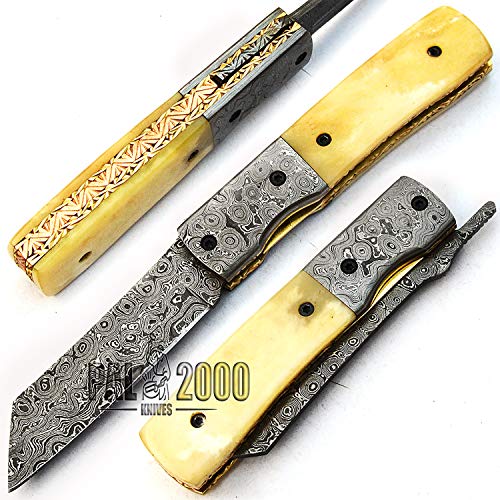 PAL 2000 Forjado a Mano Hecho a Mano Cuchillo de Hoja de Acero Damasco con Vaina Hermoso Mango de Hueso de Camello y en el costado del Mango una Hermosa Obra de Arte con Cobre y latón 9678