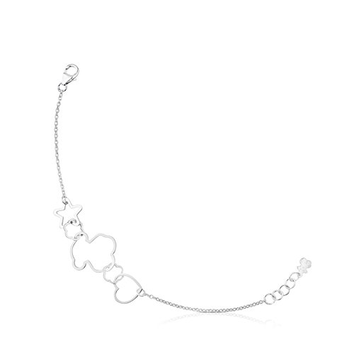 TOUS Pulsera cadena Mujer plata de Primera Ley con Siluestas estrella, corazón y Oso, Largo 17,5 cm