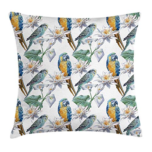 fxxy Funda de cojín para cojín con Loros, pájaros de Aspecto Realista en Las Ramas Ilustración de Fauna Tropical de Periquito y Guacamayo, Funda de Almohada Decorativa Cuadrada, 45x45 cm, Multicolor