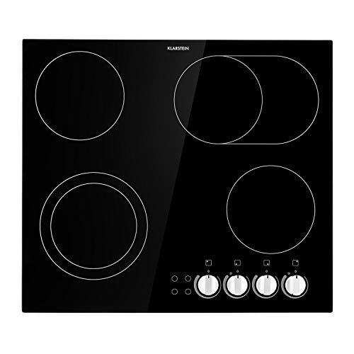 Klarstein EasyCook placa de cocina cerámica - encastrable, sin bordes, 58 cm, 4 zonas, 6100 W, regulador giratorio, luces de control, zona de asador, vidrio tintado, negro