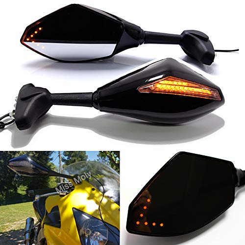 Negro Motocicleta Señal de giro Espejo Retrovisor con Indicador LED de Flecha para CBR GSXR YZF(Negro Brillante + Lente de Humo)