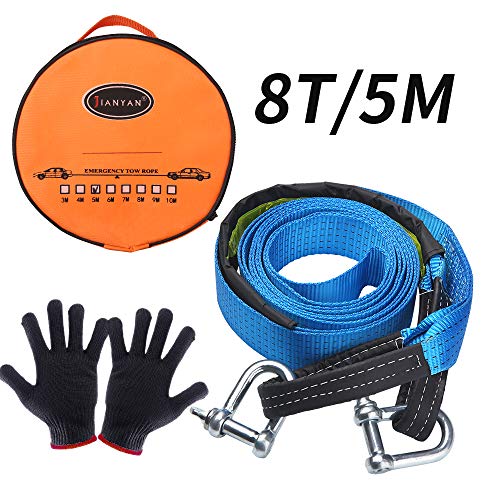 Nylon Eslinga Cuerda de Remolque Warxin, Resistencia 8 Ton 5M longitud, Material Sólido, Correa para Remolcar Vehículos para Remolque Resistente, con 2 grilletes y Guantes Antideslizantes para Coche