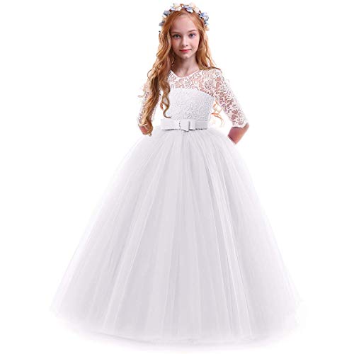 OBEEII Vestidos De Princesa Fiesta de la Boda de Las Niñas para Bordado Graduación Comunión Cumpleaños Paseo Baile Cóctel Vestido de Novia Blanco 7-8 Años