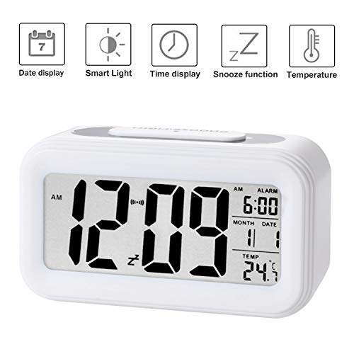 Reloj de Alarma Digital, LCD Pantalla Reloj Alarma Inteligente y con Pantalla de Fecha y Temperatura Función Despertador con Sensor de luz y función Snooze Funciones, para Niños Adultos (blanco) Reloj de Alarma Digital, LCD Pantalla Reloj Alarma Inteligente y con Pantalla de Fecha y Temperatura Función Despertador con Sensor de luz y función Snooze Funciones, para Niños Adultos (blanco)