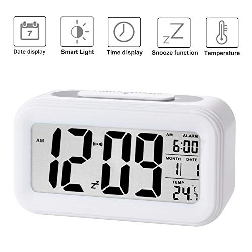 Reloj de Alarma Digital, LCD Pantalla Reloj Alarma Inteligente y con Pantalla de Fecha y Temperatura Función Despertador con Sensor de luz y función Snooze Funciones, para Niños Adultos (blanco)