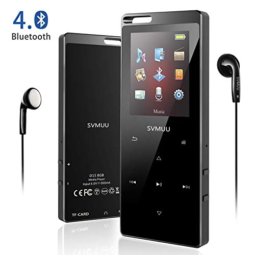 SVMUU Reproductor MP3 MP4 Bluetooth 8 GB, Reproductor de Música Deporte 1.8 Pulgadas Cuerpo Efecto Espejo y Botón Táctil Radio FM,Grabarora de Voz Soporte hasta 64GB