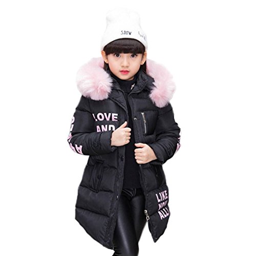 Abrigo para niña con capucha de pelo, largo, Akaufeng, chaqueta de invierno con capucha de pelos, capa exterior, chaqueta infantil, color negro, tamaño 160 cm